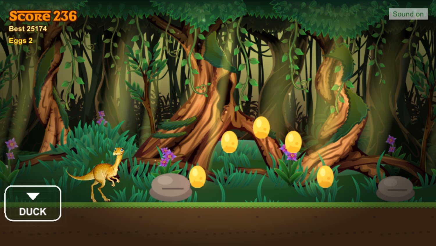 The Mighty Runner game — a dinosaur dashing through Viking Valley collecting golden eggs