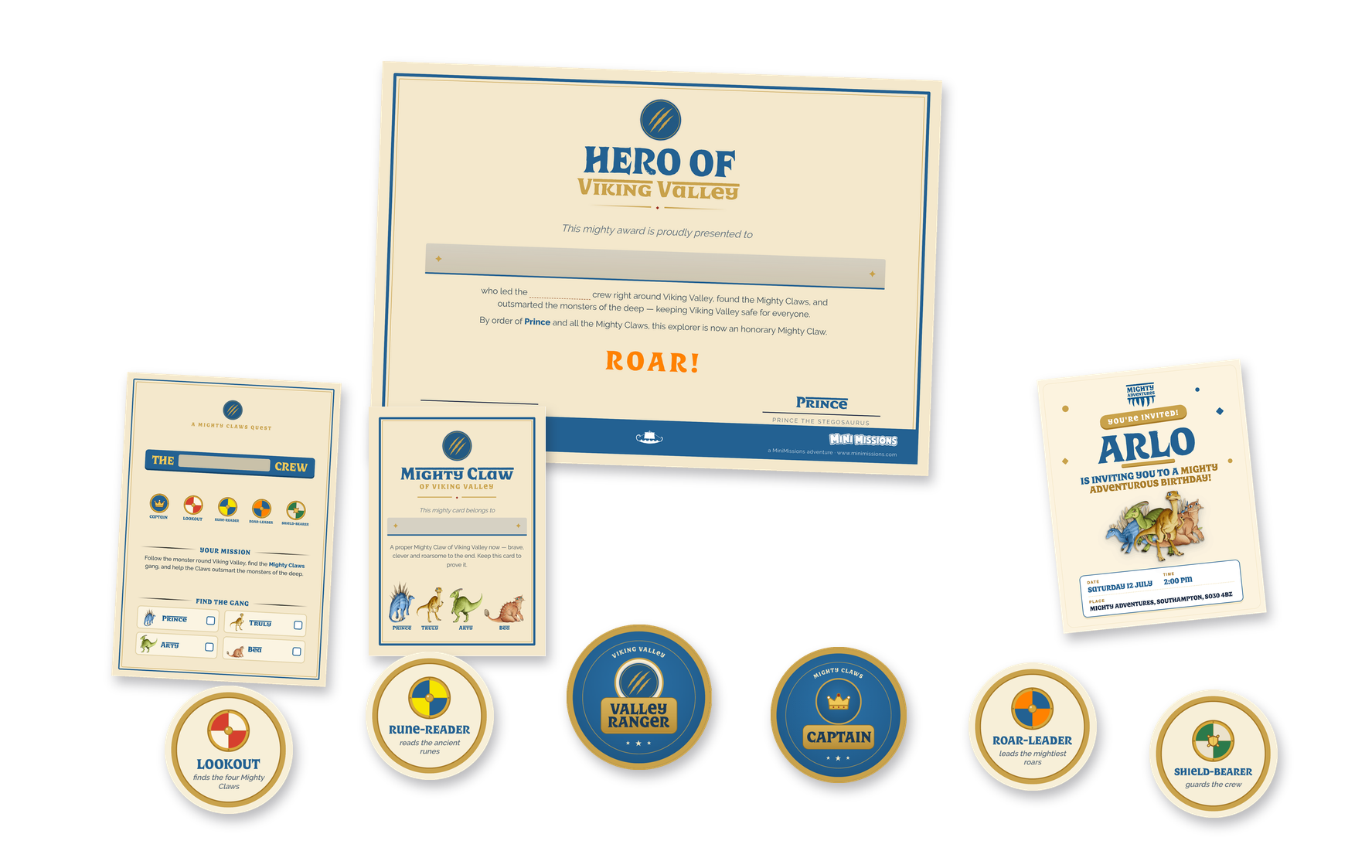 The whole Hero kit laid out — certificate, keepsake card, crew sheet, invite and the six Mighty Claws crew badges