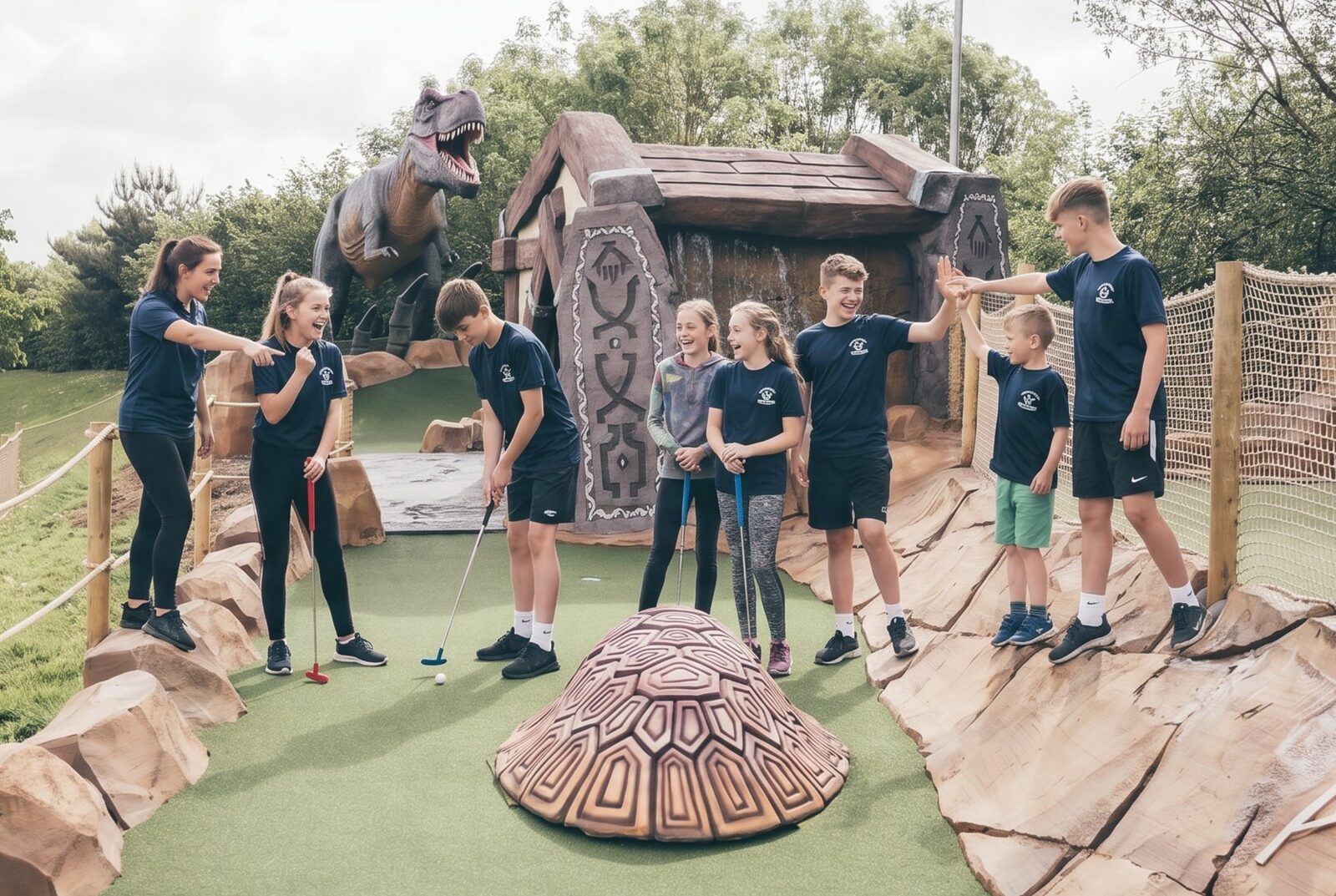 A group of children and young hosts celebrating together on the dinosaur adventure golf course at Mighty Adventures